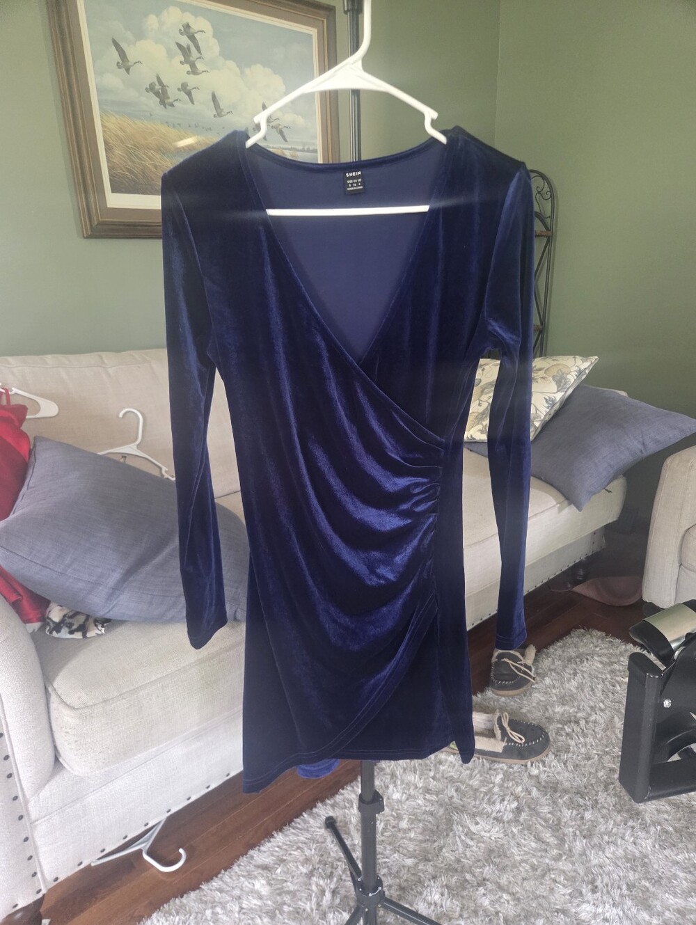 SHEIN Navy Blue Velvet Wrap-Front Long-Sleeve Dress
